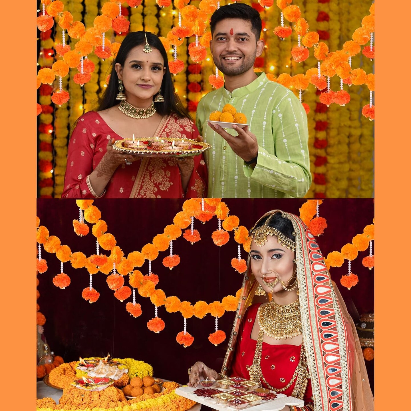 Marigold Garland Diwali Decor Artificial Flowers (Light Orange &#x26; Dark Orange)