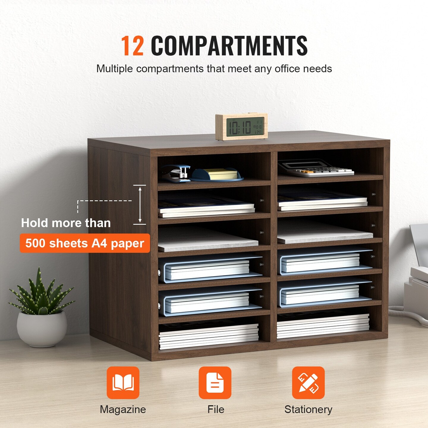 Wood Literature Organizer File Sorter with Removable Shelves Mailbox Slots for Office