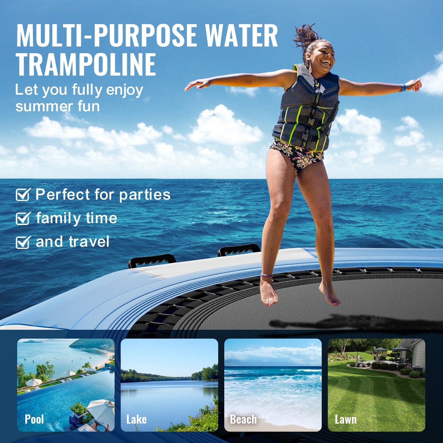 Inflatable Water Bouncer Floating Trampoline with Ladder & Pump for Lake Pool