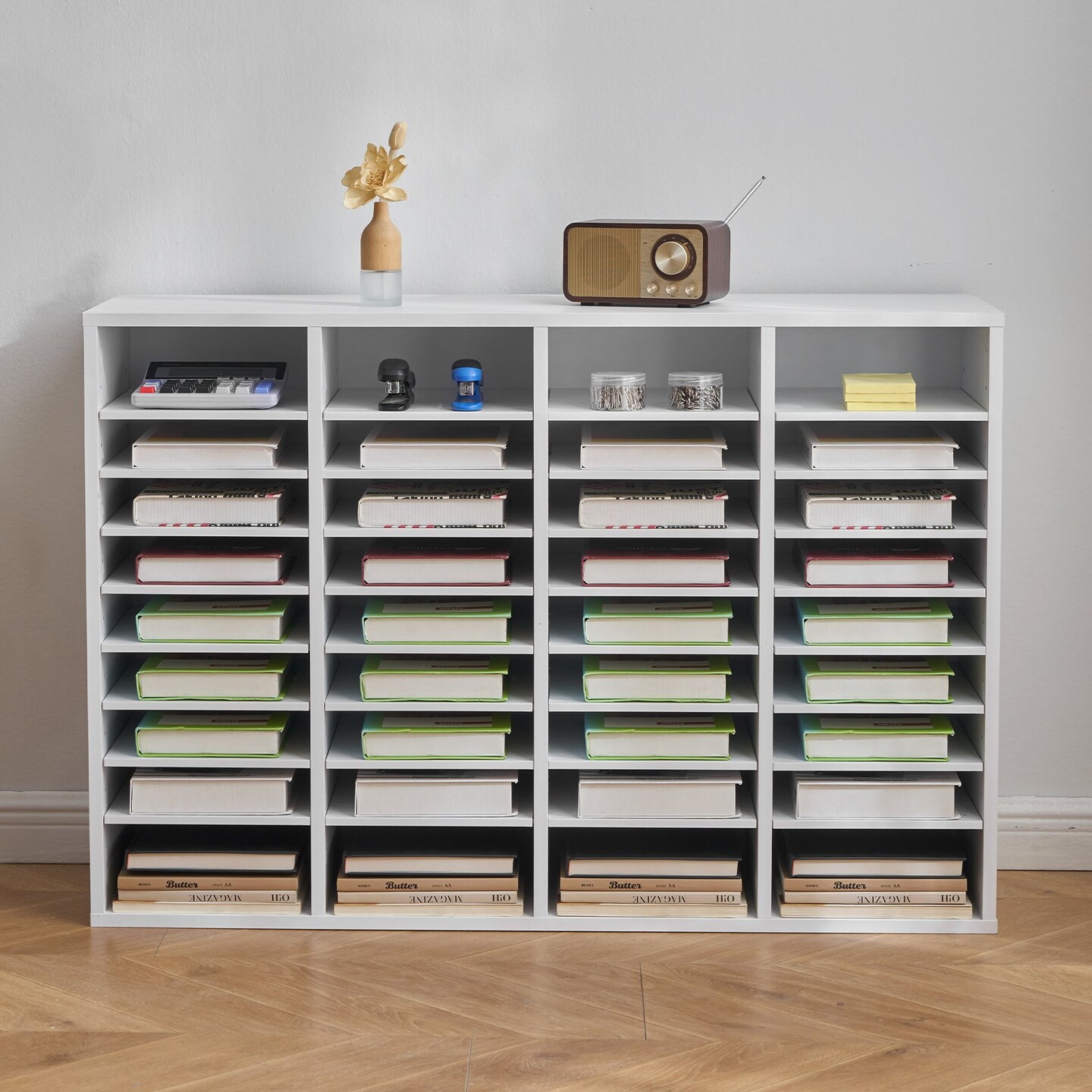 Wood Literature Organizer File Sorter with Removable Shelves Mailbox Slots for Office