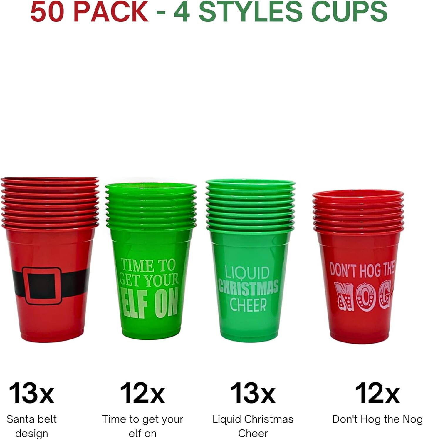 4E’s Novelty 50 Pack 16oz Christmas Cups for Party – Funny Disposable Plastic Holiday Cups with Santa & Humorous Quotes, Christmas Party Cups Bulk for Drinks, Cocoa & Party Favors for Kids & Adults