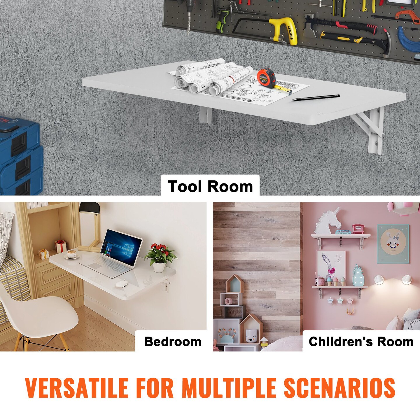 Wall Mount Foldable Desk Floating Table with Iron Bracket for Small Spaces White