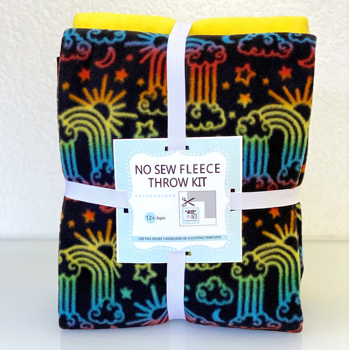Rainbow Sky Bright on Black Anti-Pill No Sew Throw Fleece Fabric Kit