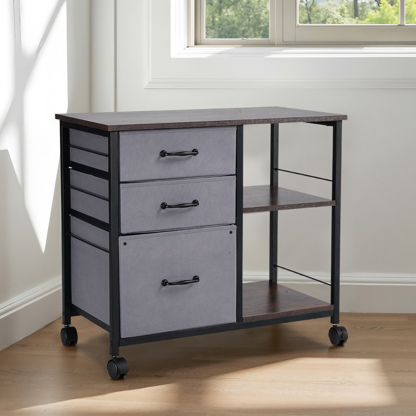 Mobile Metal File Cabinet with 3 Fabric Drawers and 2 Shelves Wooden Storage with Wheels
