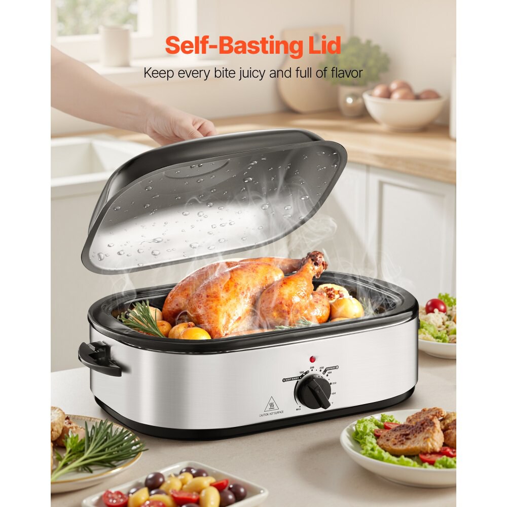 Silver Stainless Steel 18QT Electric Roaster Oven with Self-Basting Lid