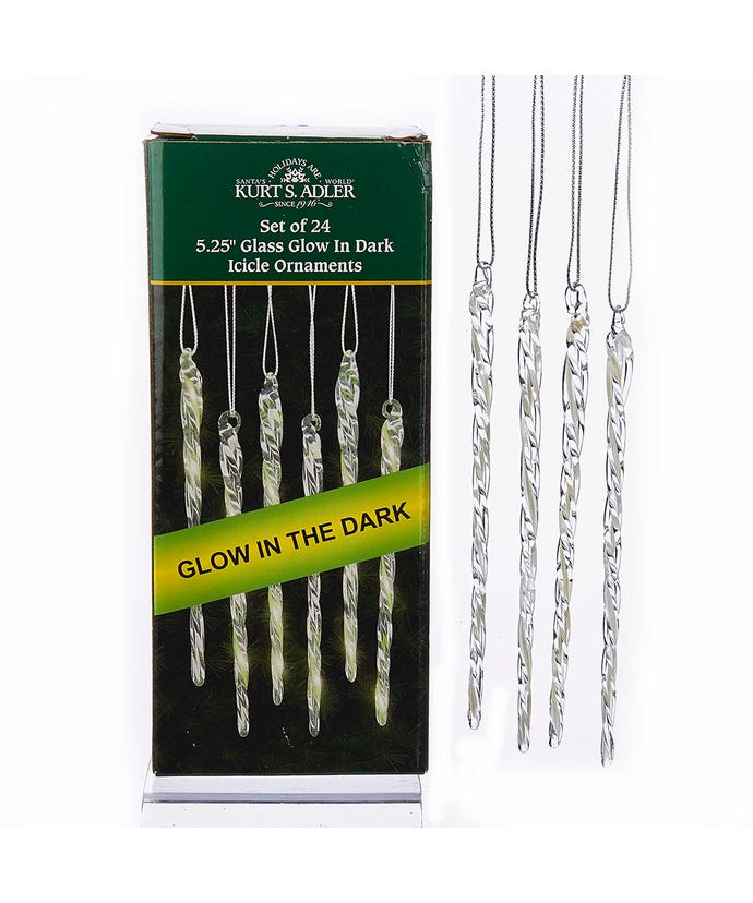 Glow In The Dark Glass Icicle Ornaments, 24-Piece Box