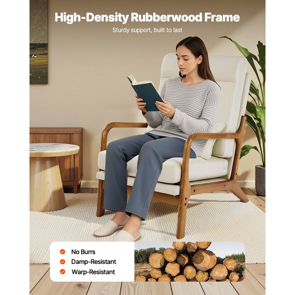 Mid Century Modern Accent Chair Upholstered Armchair with Solid Wood Frame Linen Fabric