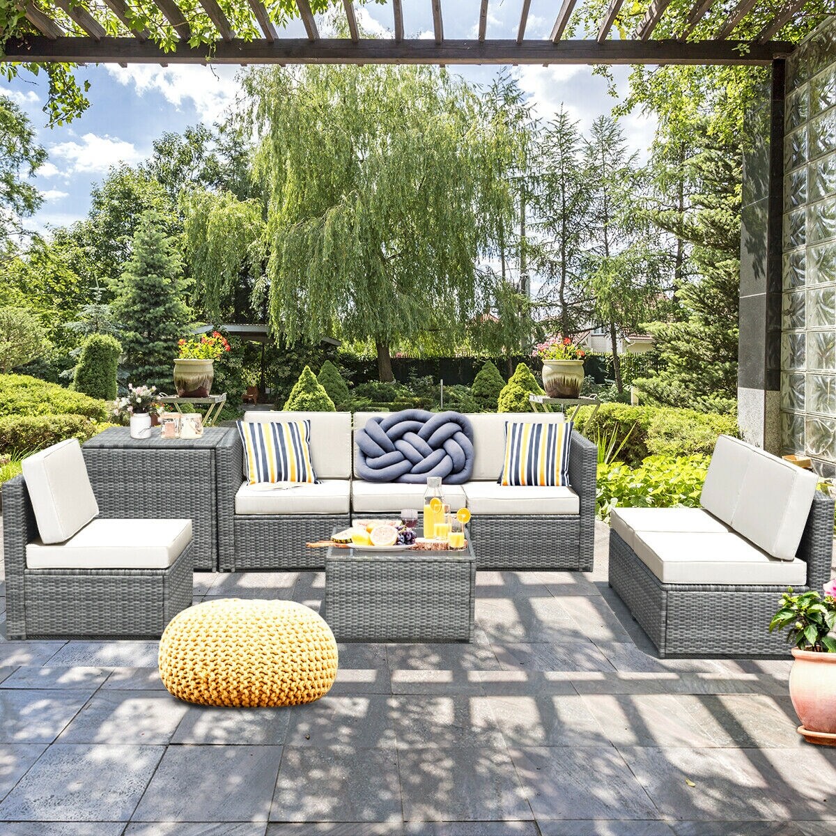 8-Piece White Wicker Patio Furniture Set with Cushions, Steel Frame and Tempered Glass Table for Outdoor Use
