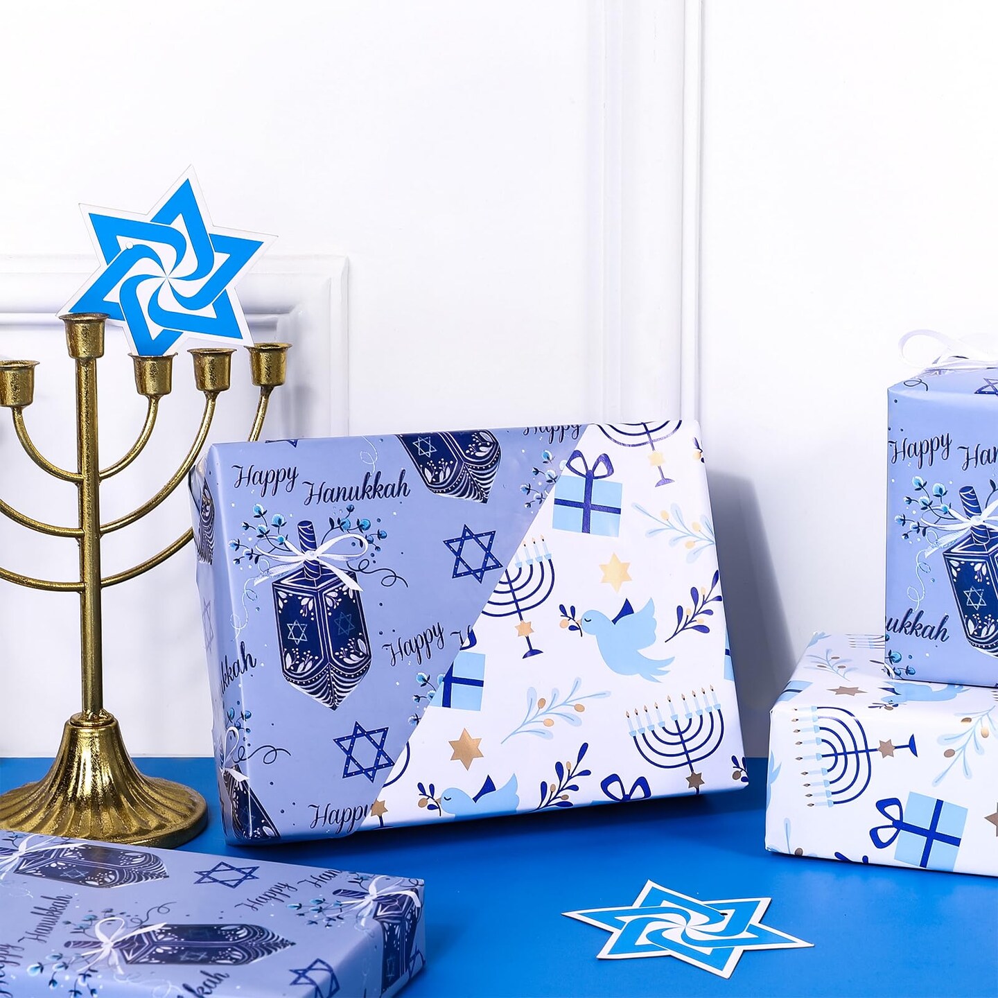Reversible Hanukkah Wrapping Paper - Mini Roll - 17 Inch x 33 Feet - Dreidels and Menorah Lights Chanukah Wrapping Paper Perfect for Hanukkah, Chanukah, Holiday