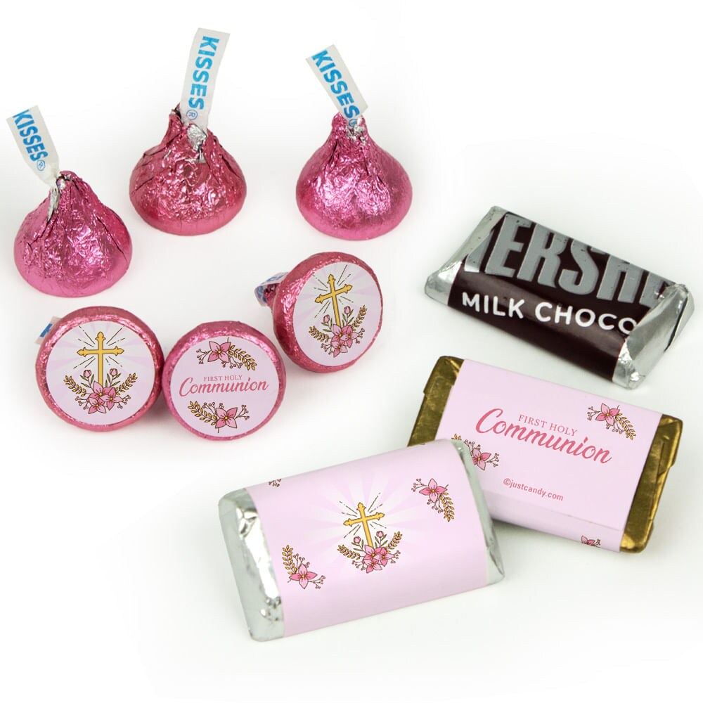 Girl 1st Holy Communion Candy Party Favors (Approx. 100 Pcs Milk Chocolate Hershey's Kisses & 40 Pcs Wrapped Miniatures) - Pink