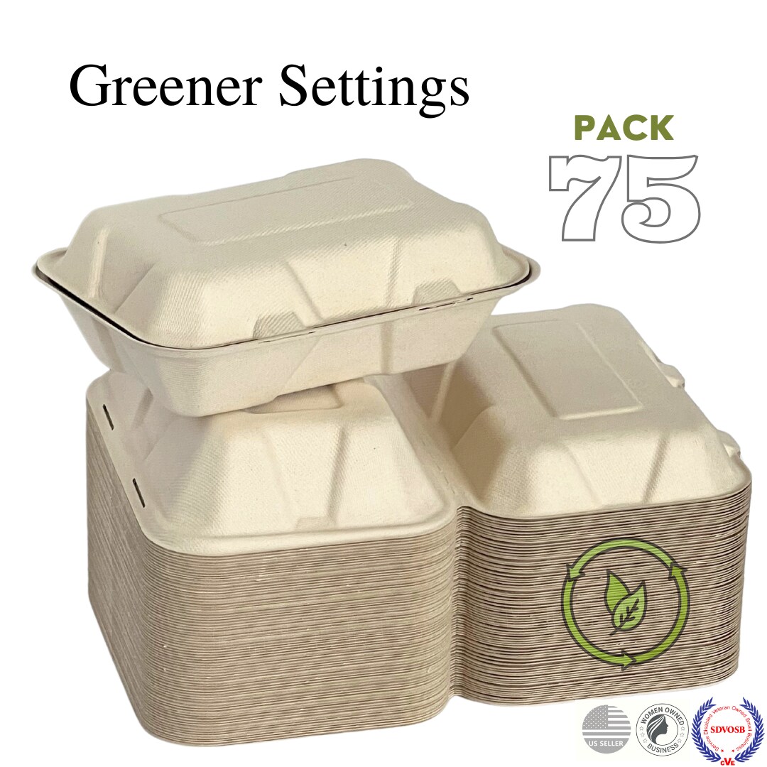Greener Settings 75-Pack Compostable 9x6 Inch Clamshell Food Containers, Disposable Heavy-Duty Bagasse To-Go Boxes, Microwavable, Recyclable, Freezer Safe for Nachos, Wings, Cookies, Meals