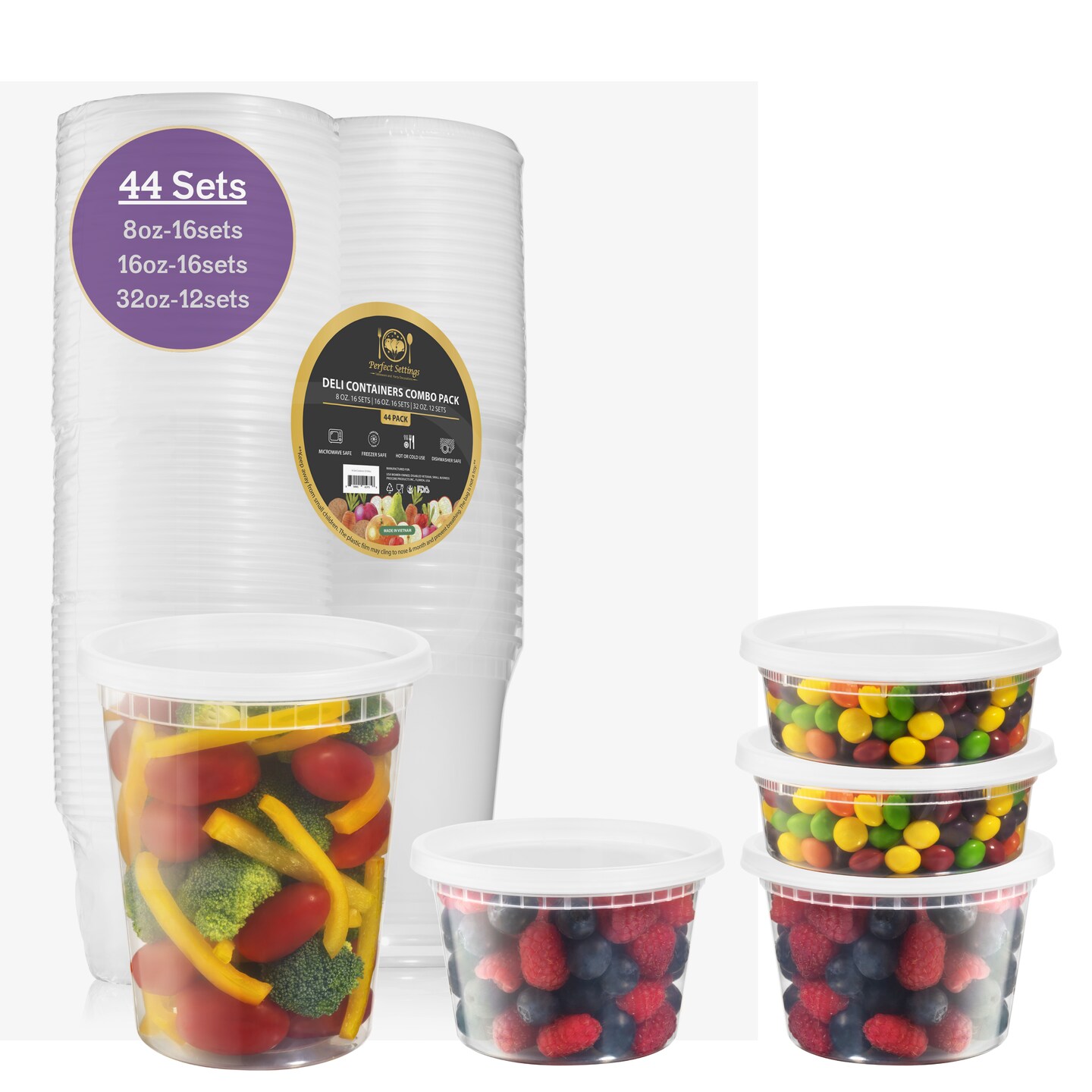 Perfect Settings Plastic Deli Containers with Lids [44 Sets] Variety Pk 8oz, 16oz &#x26; 32oz | Leakproof, Freezer Safe Soup &#x26; Food Storage | Microwavable Food Containers with Lids