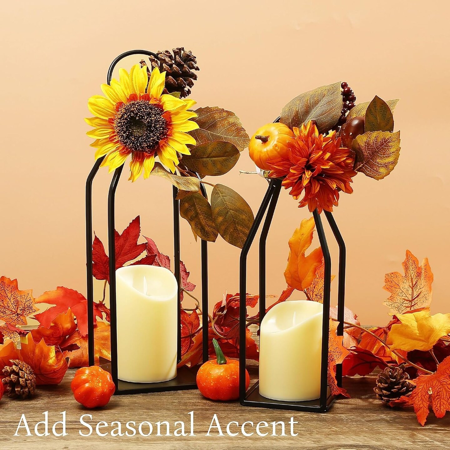 Modern Farmhouse Lantern Decor, 15&#x27;&#x27; 13&#x27;&#x27; Set of 2 Black Metal Lanterns, 2 LED 6hr Timer Flickering Flameless Candles, Lanterns Decorative for Outdoor Decor