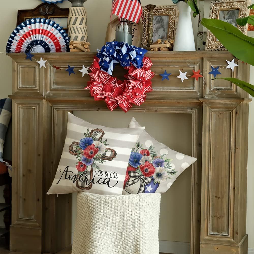 18x18 Set of 4 Polka Dots Star Pillow Covers for 4th of July Decorations