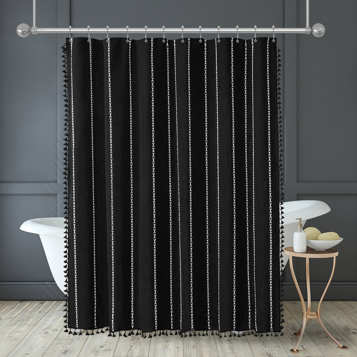 Americanflat 71x71 Woven Linen Shower Curtain with Tassel Accents - Includes 12 Grommets and Hooks - 100% Polyester