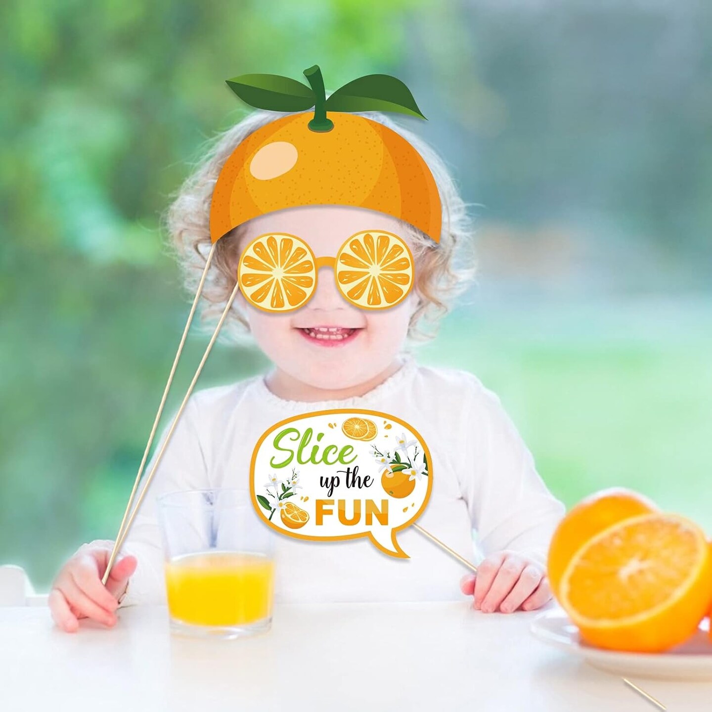 25-piece set of orange fruit-themed photo booth props with sticks—perfect for “Little Cutie” summer selfies, citrus-themed birthday parties, and fun photography backdrop decorations.