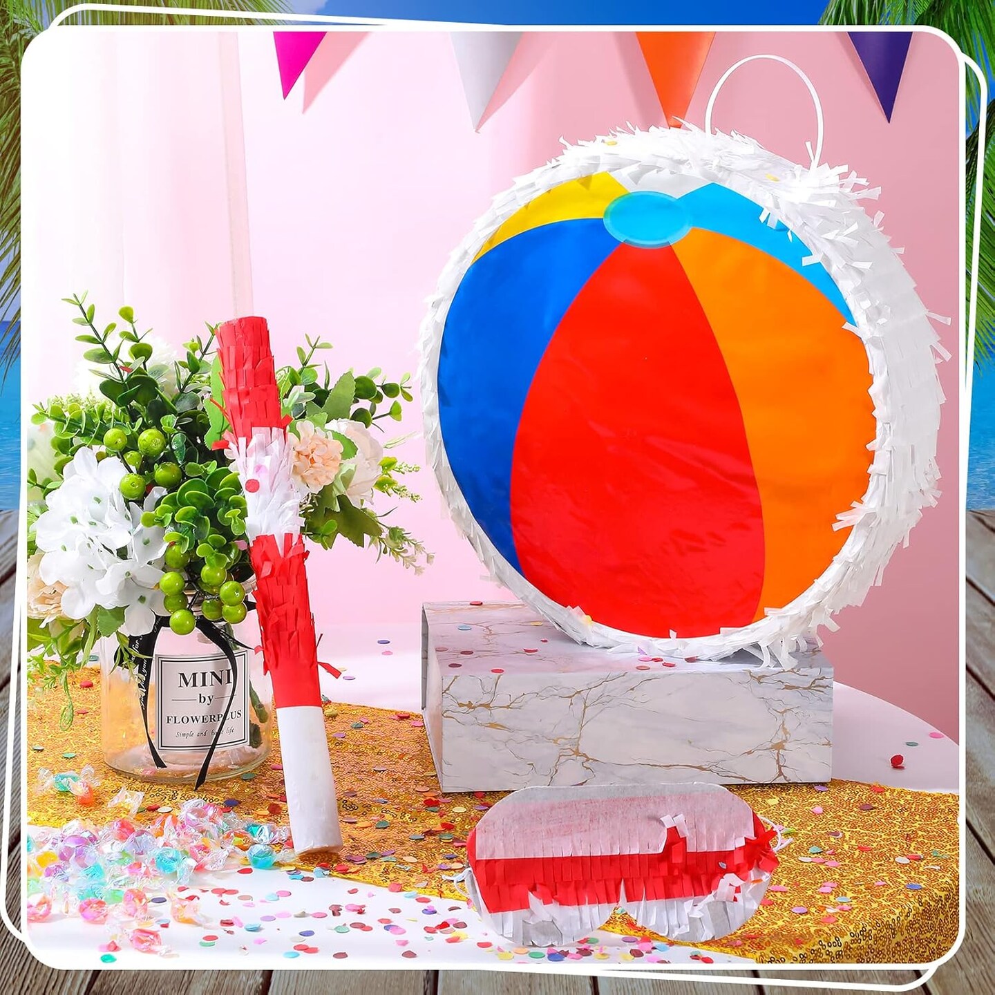 Small Beach Ball piñata with Stick and Blindfold Confetti Summer piñata Sun Flamingo Coconut Surfboard Birthday Decor