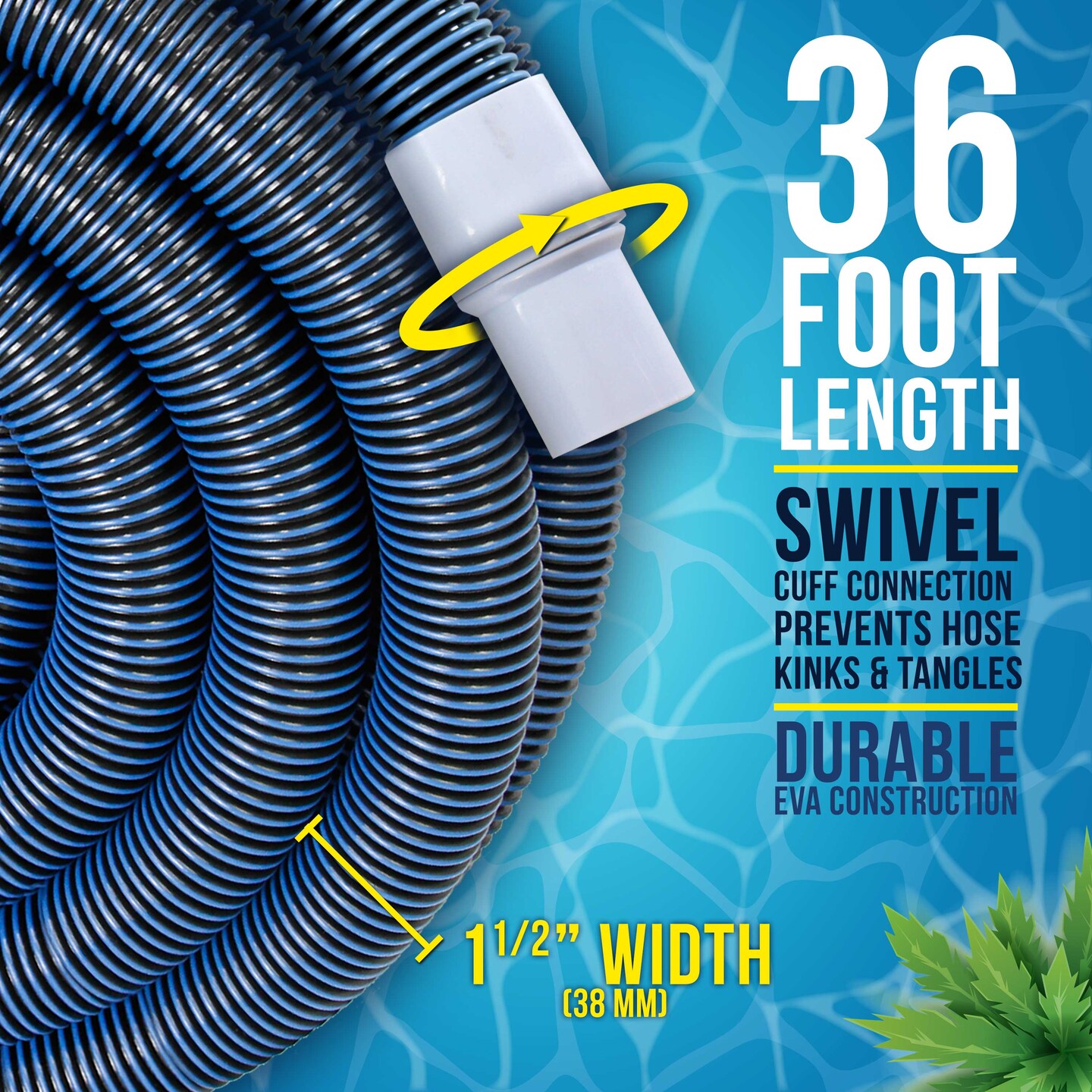 U.S. Pool Supply&#xAE; 1-1/2&#x22; x 36 Foot Heavy Duty Spiral Wound Swimming Pool Vacuum Hose with Kink-Free Swivel Cuff, Flexible - Connect to Vacuum Heads
