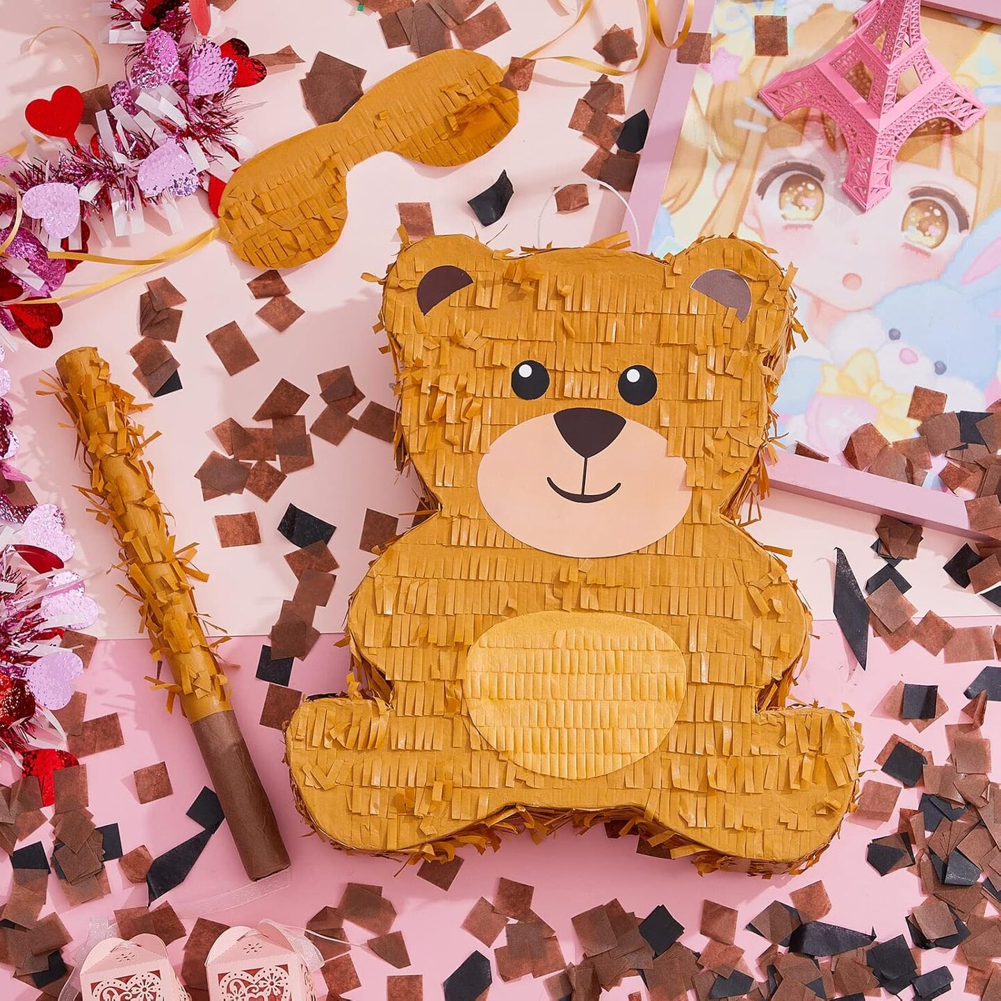 14.5 Inch Bear Pi&#xF1;ata Bear Themed Birthday Party Supplies Animal Pi&#xF1;ata with Wood Bat Stick, Paper Blindfold and Confetti for Valentine&#x2018;s Day Baby Shower Party Decor Kid Adult Boy Girl