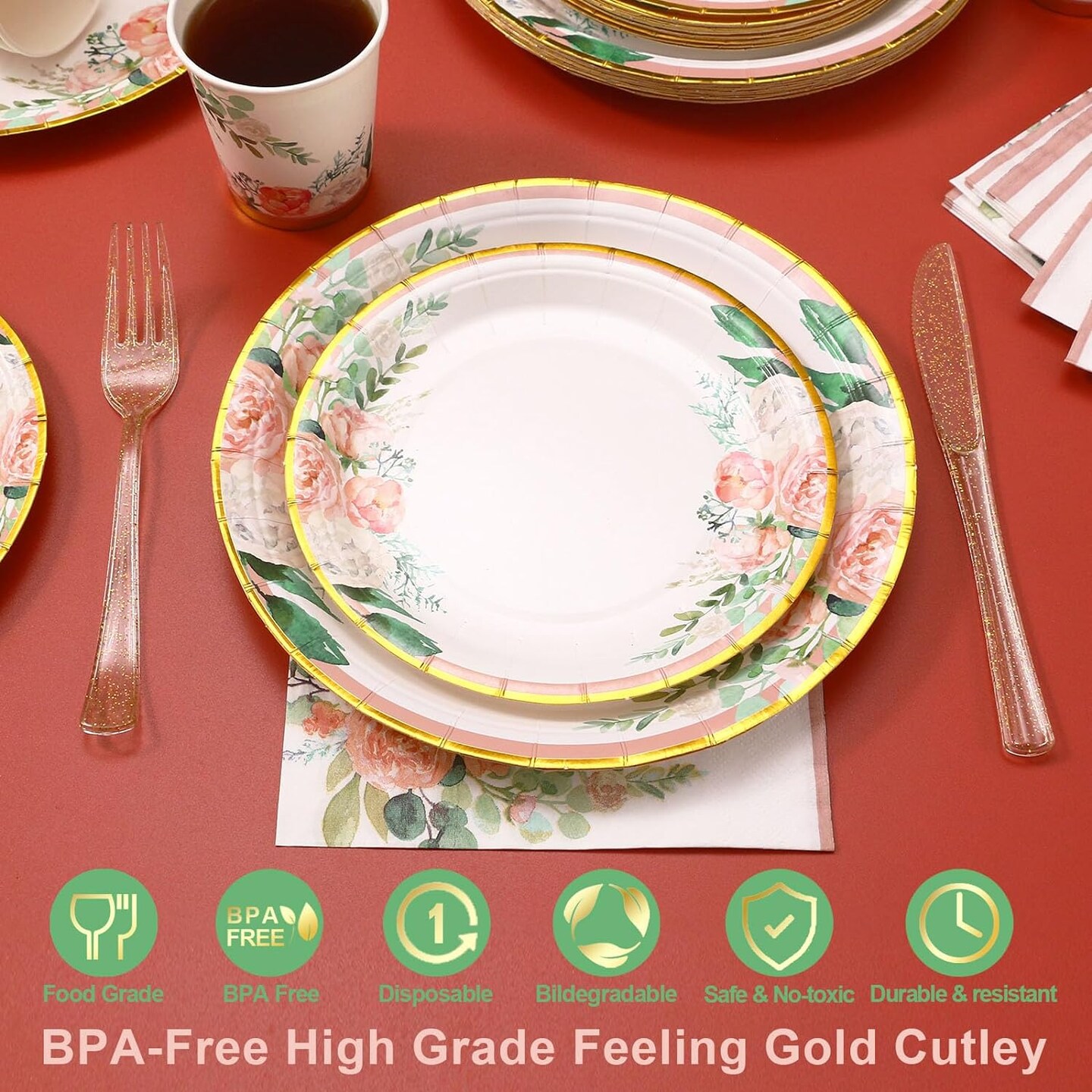 Tableware Set Party Supplies - Bridal Shower Paper Plates &#x26; Napkins Set for 24 Guests - Disposable Dinnerware: Plates, Cups, Cutlery for Baby Shower, Tea Party