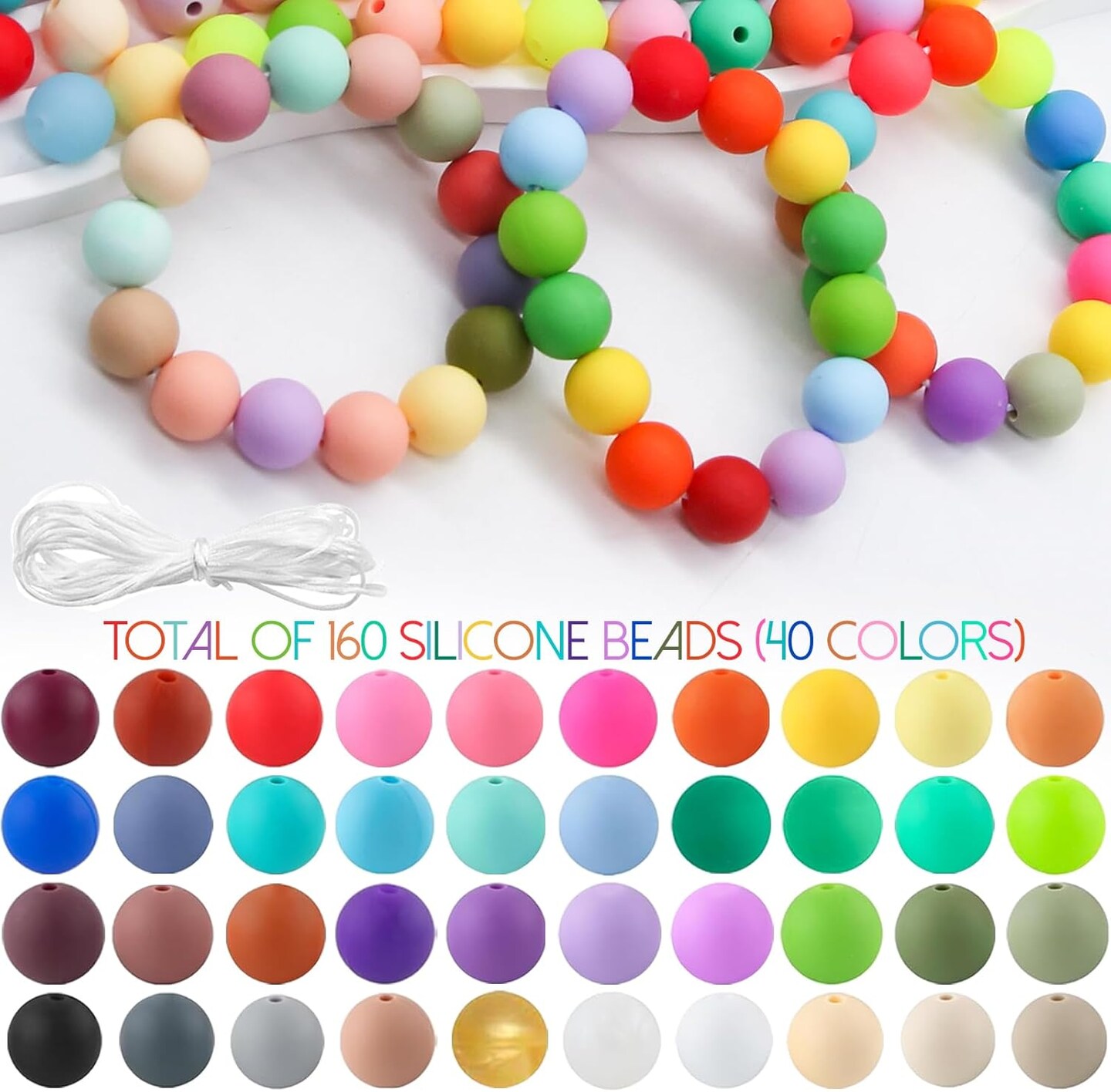 Silicone Beads - 40 Colors 15mm Round &#x200B;Beads (160Pcs Bulk) | Durable &#x200B;Rubber Beads for &#x200B;Jewelry Beads, &#x200B;Bracelet Beads Designs