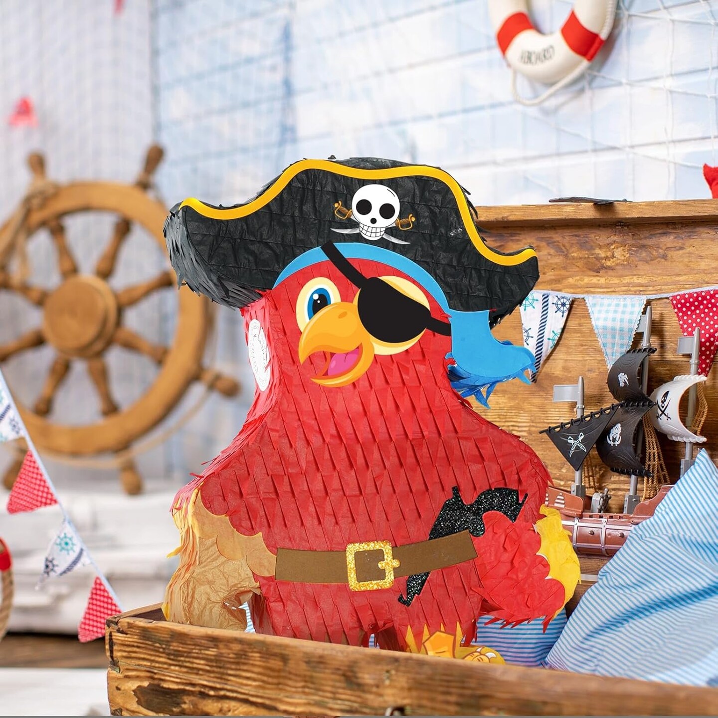 Pirate Pi&#xF1;ata - Pirate Parrot Pi&#xF1;ata with Blindfold and Bat for Boys&#x27; Birthday Party Adventure Theme Decorations