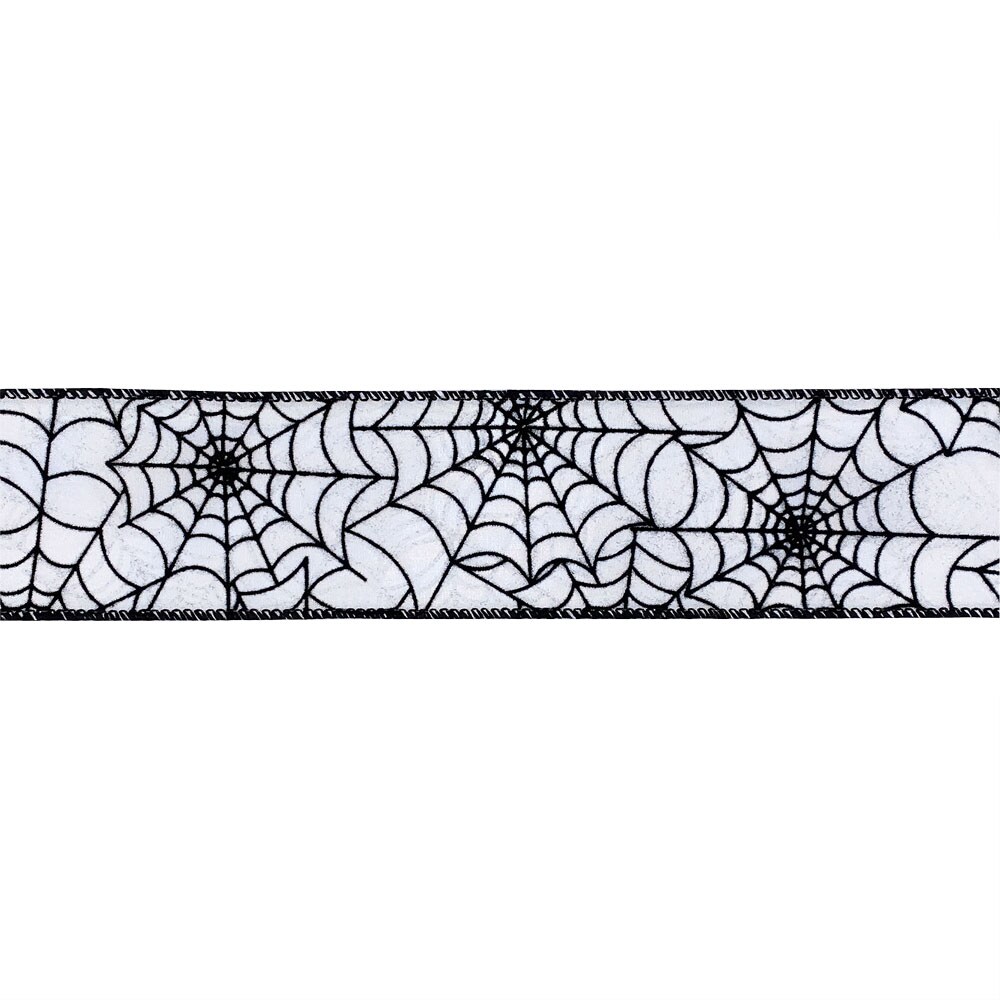 Designer&#x27;s Shop WR 63-5113 Halloween Black Spider Web on White Satin wired edge ribbons, 2.5&#x22; x 10 yards