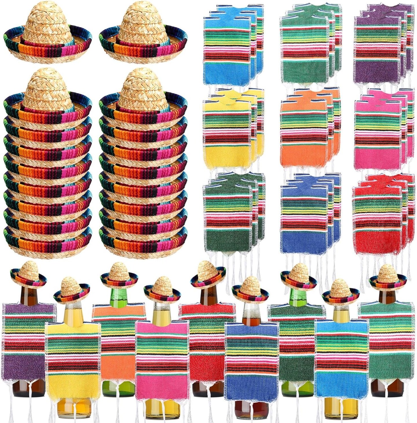 36 Sets Tiny Sombrero Hats Mini Serapes for Bottles Colorful Beer Poncho Cover Cape Sombrero Bottles Topper for Cinco De Mayo Mexican Fiesta Party Table Decorations