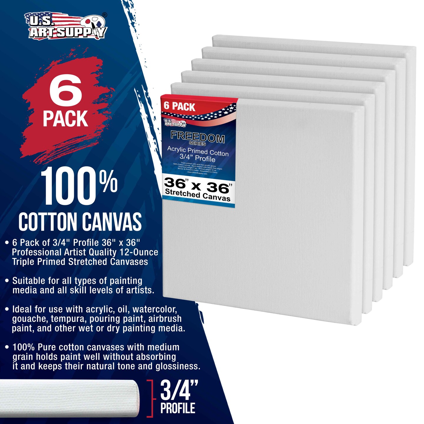 36 x 36 inch Stretched Canvas 12-Ounce Triple Primed, 6-Pack - Professional Artist Quality White Blank 3/4&#x22; Profile, 100% Cotton, Heavy-Weight Gesso