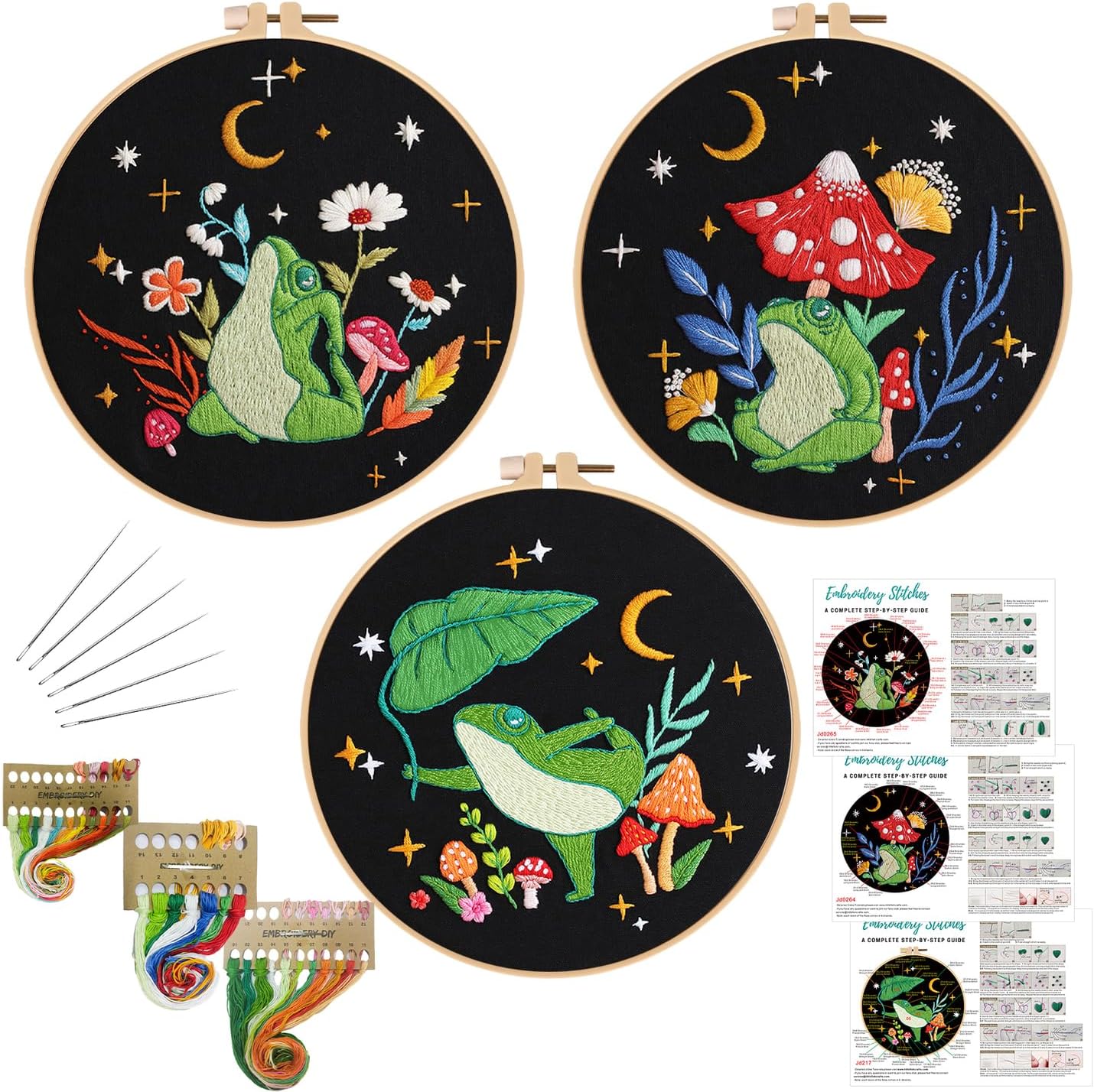3 Sets Frog Embroidery Kits for Beginners,Cross Stitch Kit for Adults,Crewel Starters Needlepoint with Embroidery Hoop,Threads and Instruction