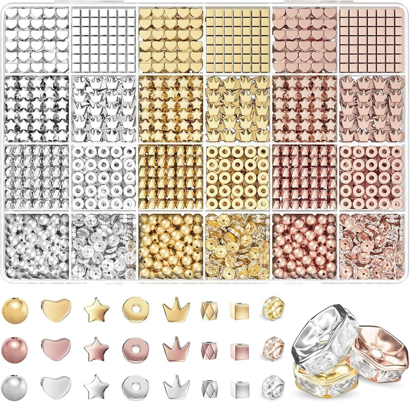 1740 Pieces Gold Beads for Friendship Bracelets Making Kit, 8 Shapes Organized Jewelry Making Supplies Spacer Beads Set with Rhinestones Crafts Gifts