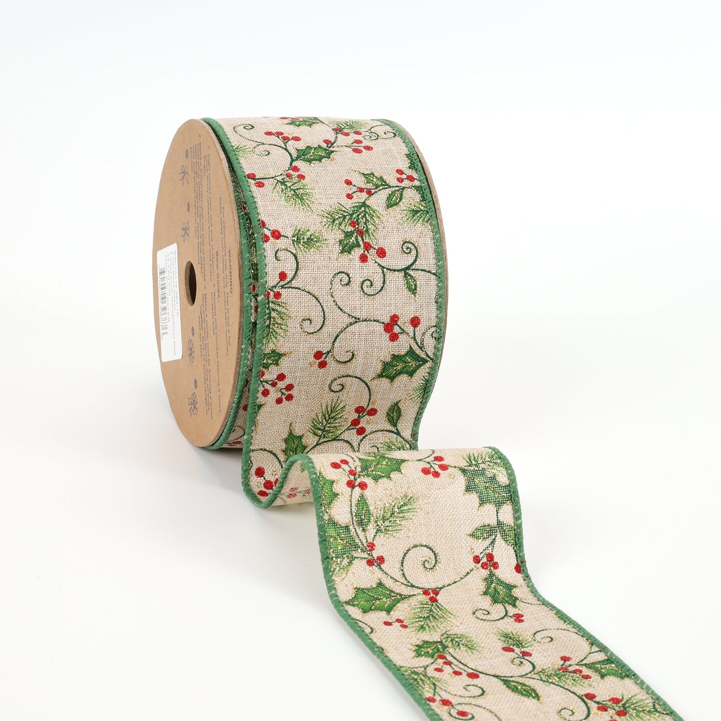 LaRibbons 2 1/2" Wired Ribbon | "Holly Scroll" Natural/Green Multi | 10 Yard Roll