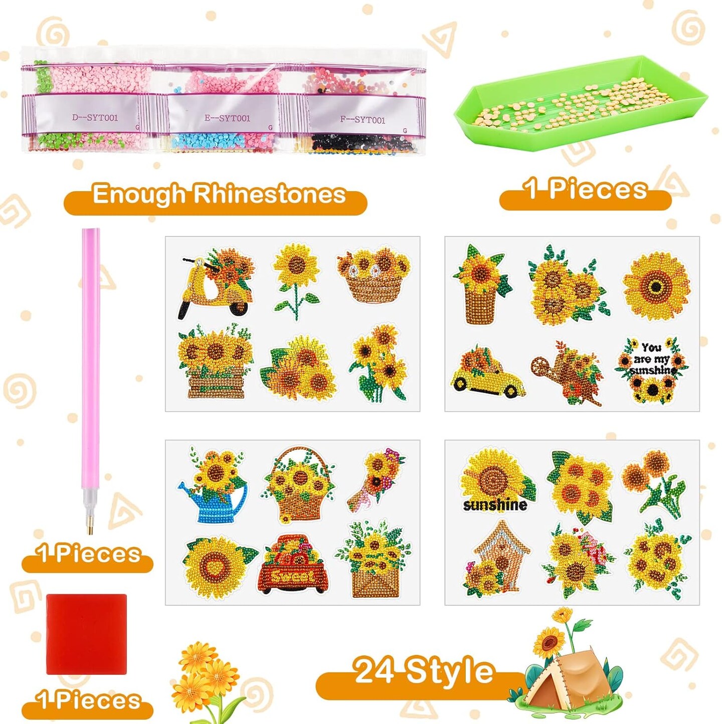 24 Pcs Diamond Art Stickers for Kids Sunflower Diamond Painting Stickers 5D DIY Gem Painting Kit Paint by Numbers Diamonds Spring Mosaic Back to School Gift for Boy Girl
