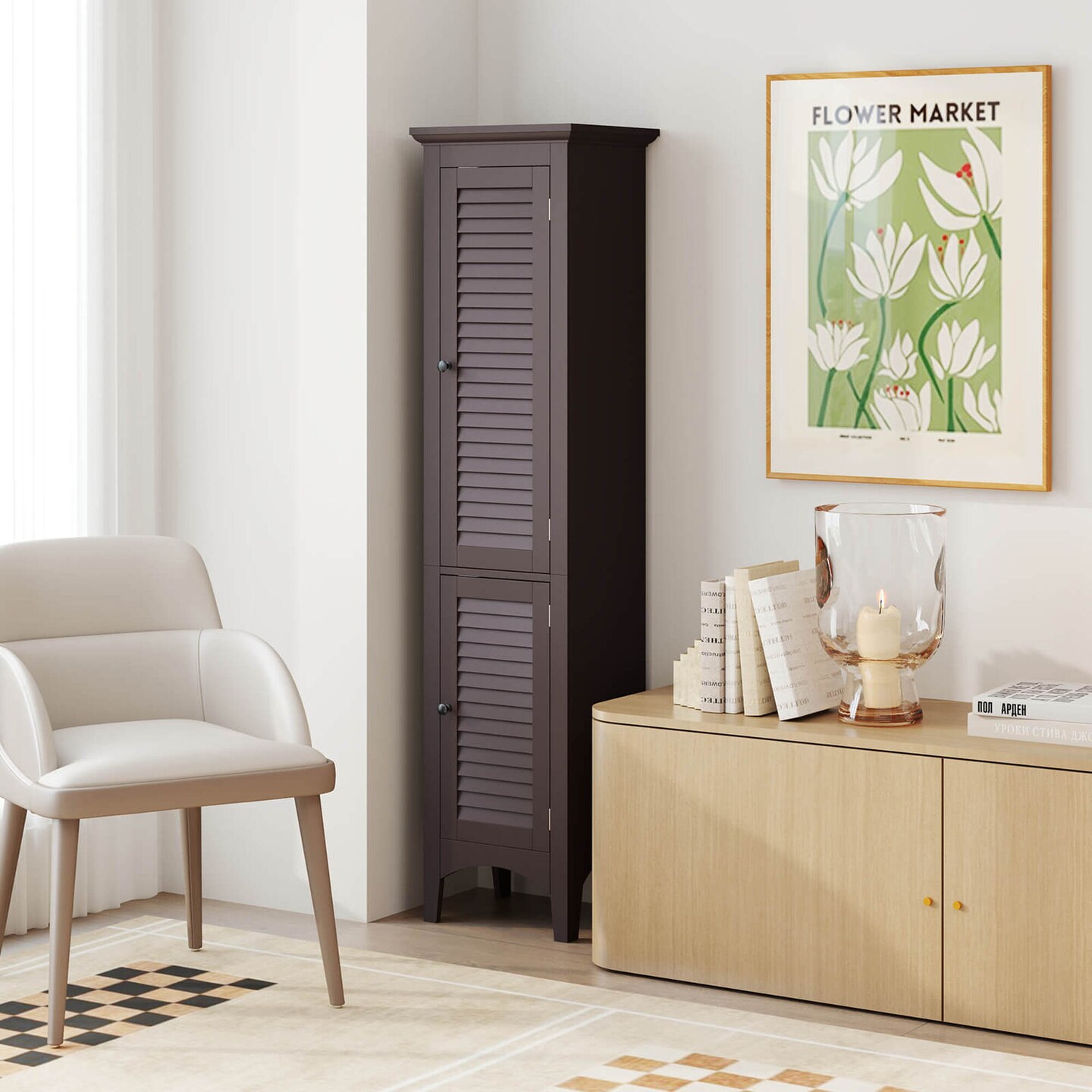 Costway Tall Bathroom Floor Cabinet Narrow Linen Tower with 2 Doors &#x26; Adjustable Shelf Black/Coffee/Grey