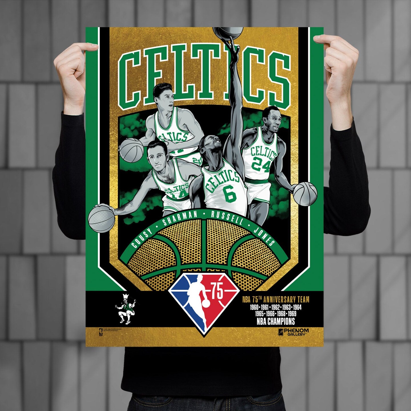 Phenom Gallery Boston Celtics 75th Anniversary 60&#x27;s NBA Champions 18&#x22; x 24&#x22; Deluxe Framed Gold Foil Serigraph