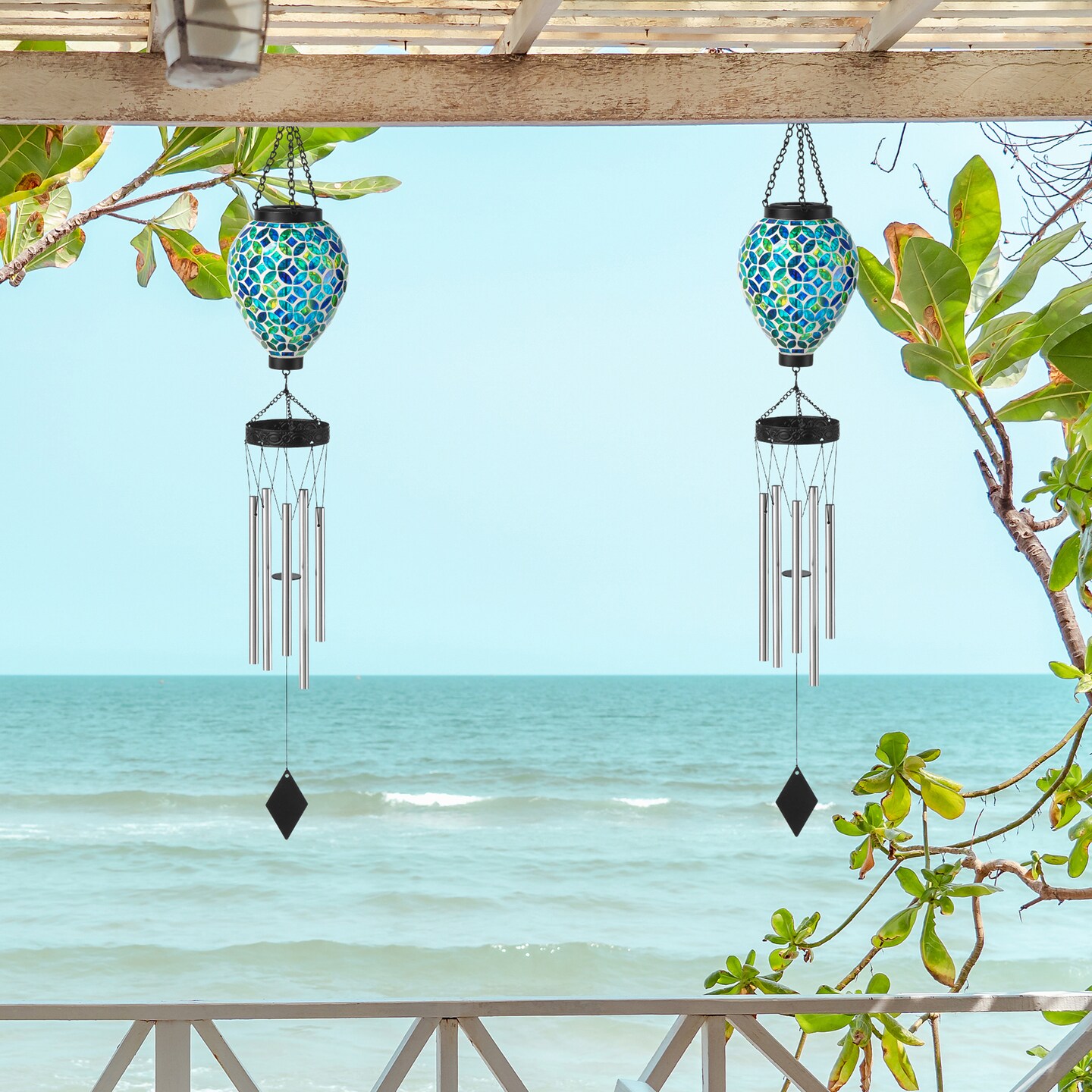 Set of 2 37&#x22;H Solar Lighted Metal and Glass Mosaic Windchime