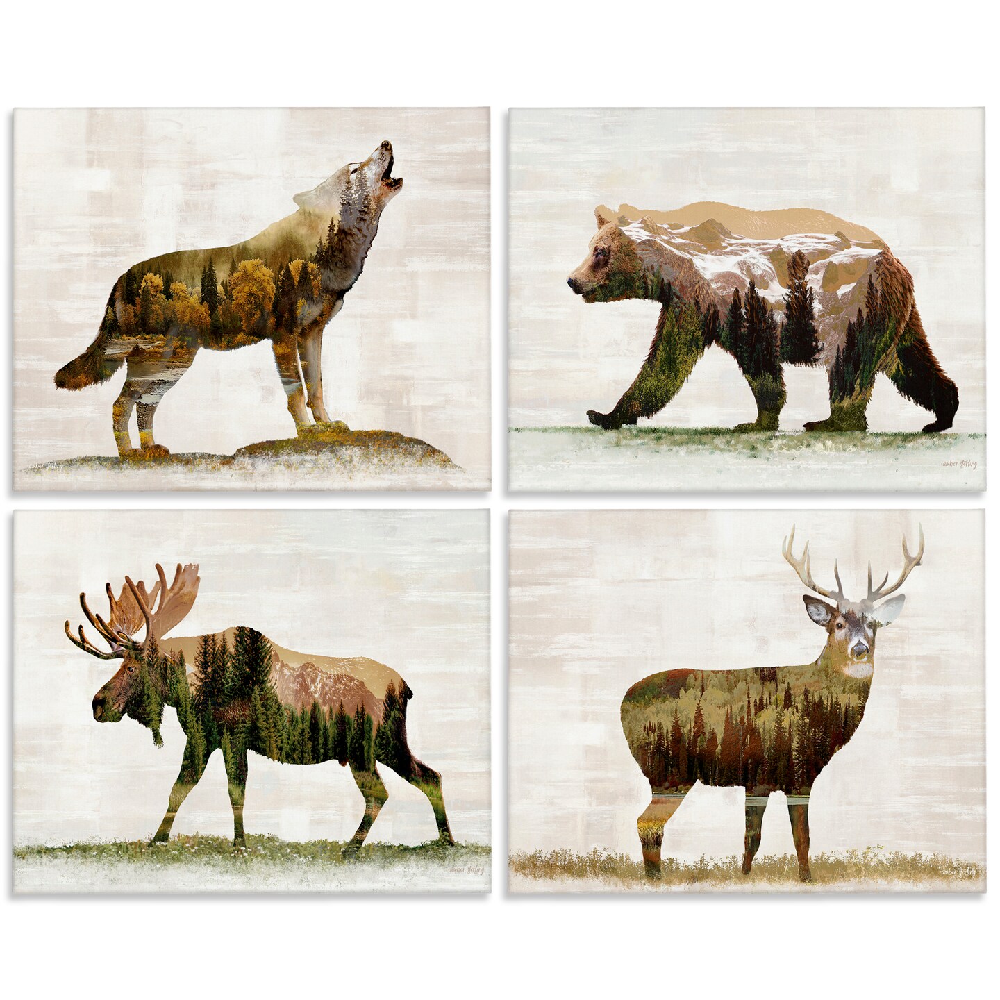 Stupell Industries Woodland Animals Rustic Pattern 4 pc Canvas Wall Art Set Design by Amber Sterling
