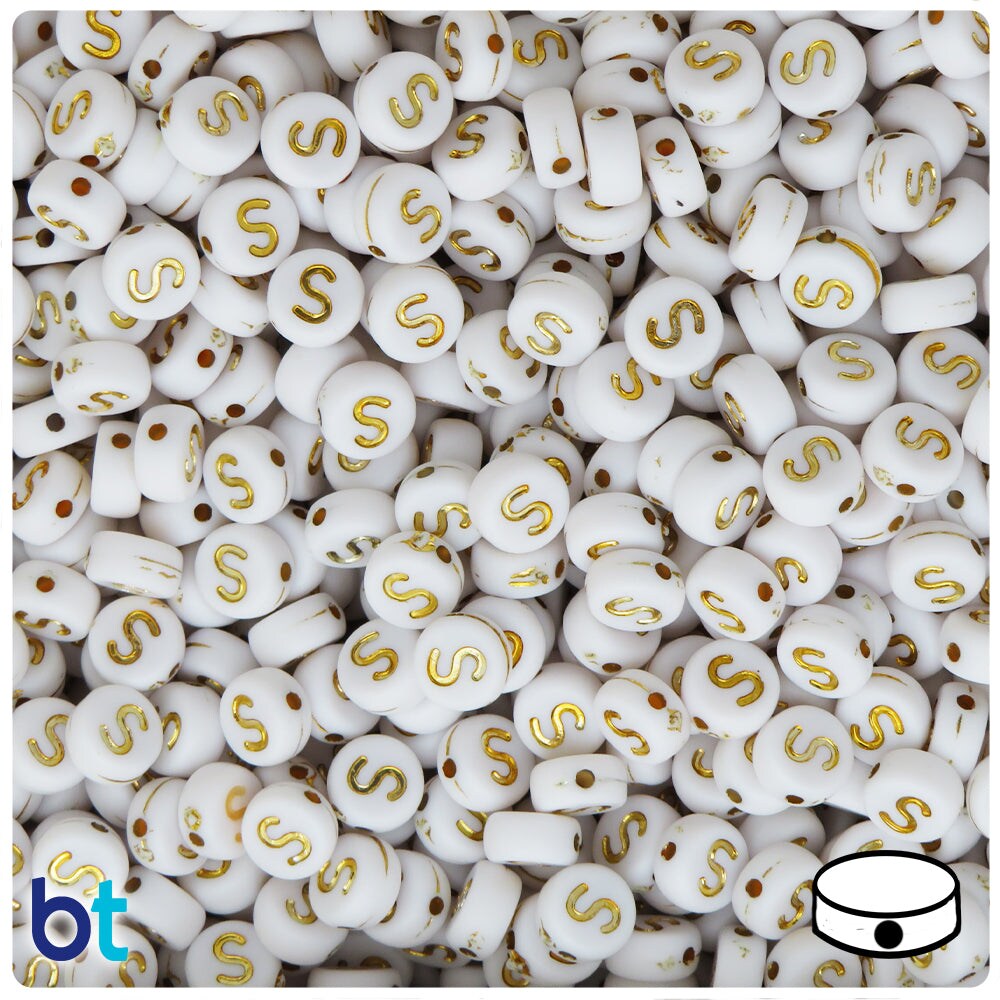 BeadTin White Opaque 7mm Coin Plastic Alpha Beads - Gold Letter S (100pcs)