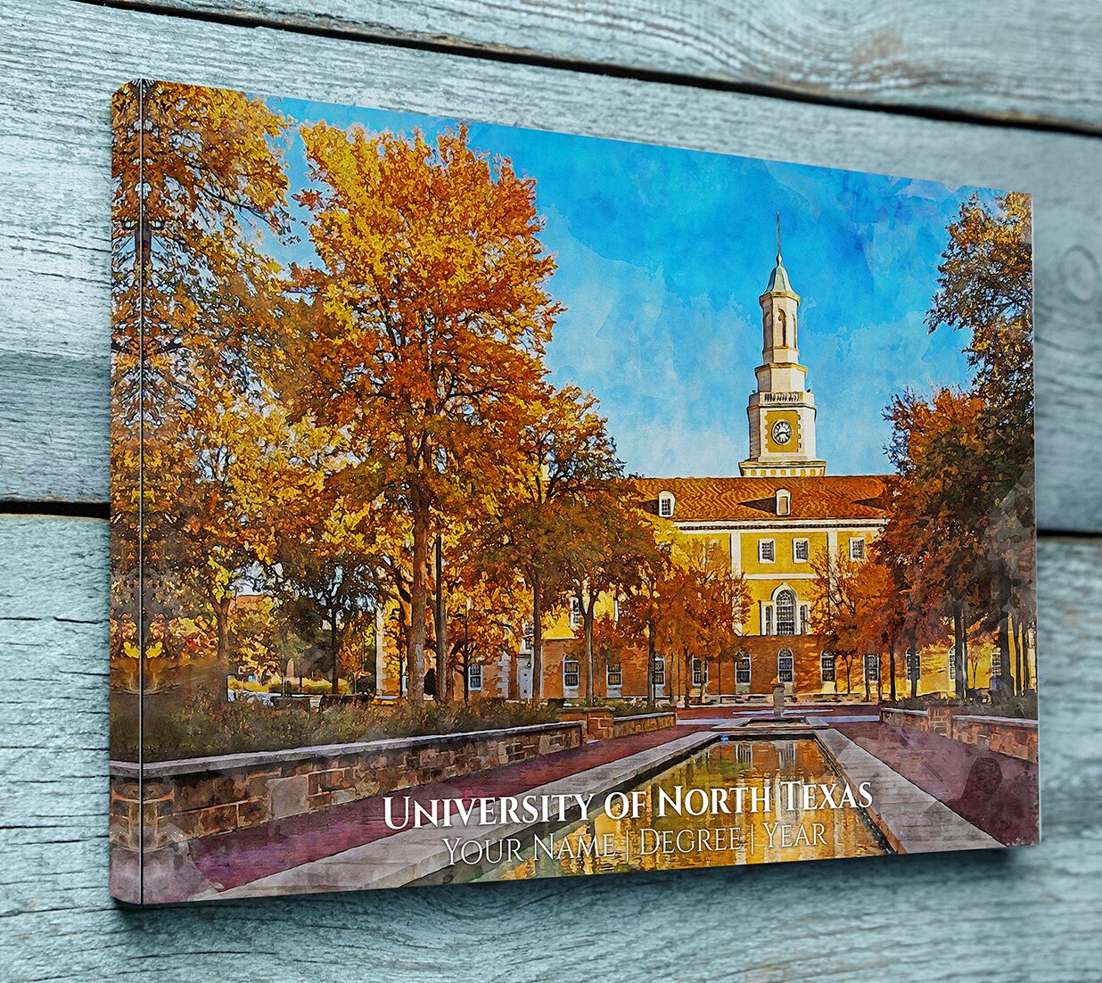 product name is University of North Texas watercolor. Graduation gift, University of North Texas , College wall art, College WC