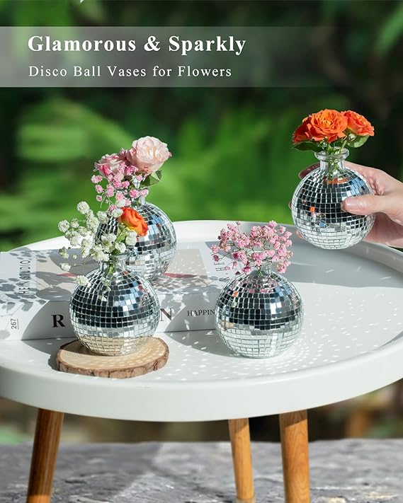 Disco Ball Vase for Centerpieces Disco Ball Planter for Flowers Silver Mirror Glass Disco Ball Decor for Table, Party, Wedding, Birthday, Home, or Bedroom(3.5&#x22; X 4&#x22;)