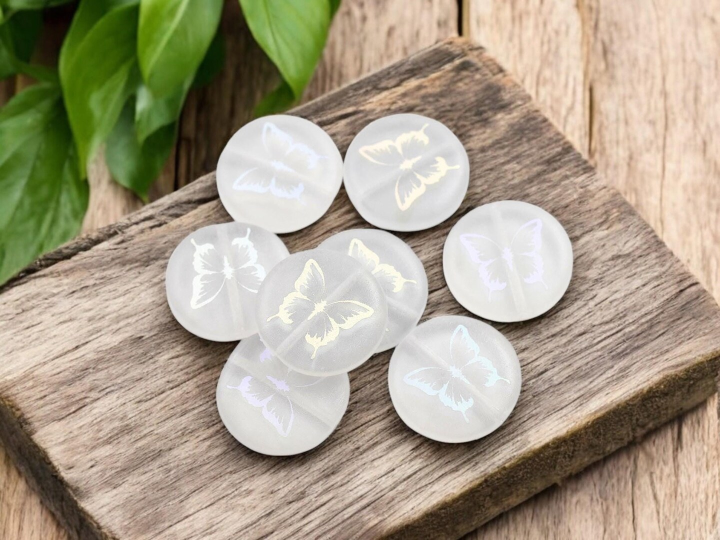 *8* 17mm Matte Crystal AB Laser Etched Butterfly Design Coin Beads