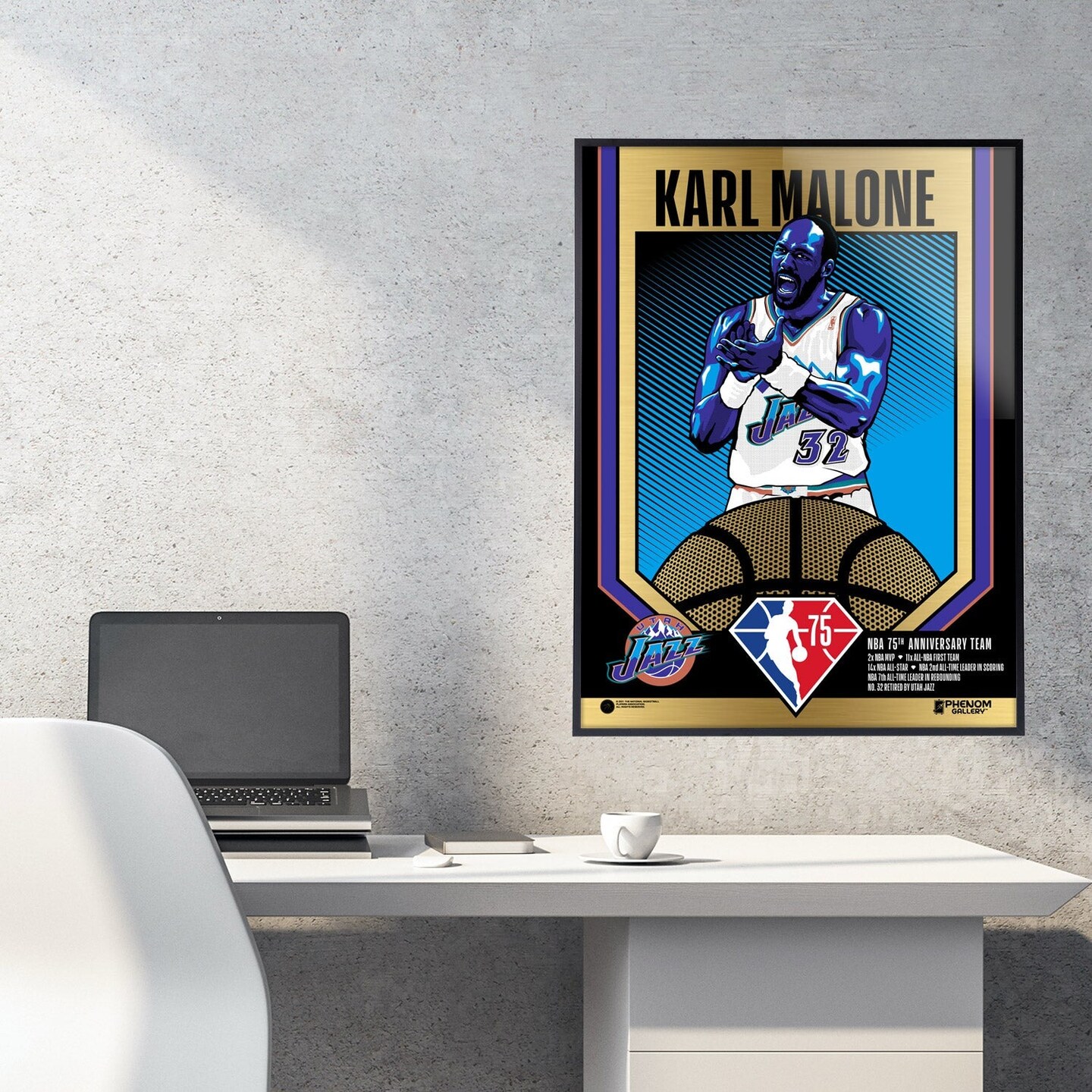 Phenom Gallery Utah Jazz 75th Anniversary Karl Malone 18&#x22; x 24&#x22; Deluxe Framed Gold Foil Serigraph