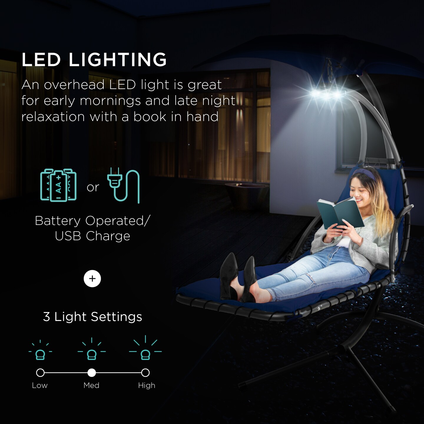 Best Choice Products Hanging LED-Lit Curved Chaise Lounge Chair for Backyard, Patio w/ Pillow, Canopy, Stand