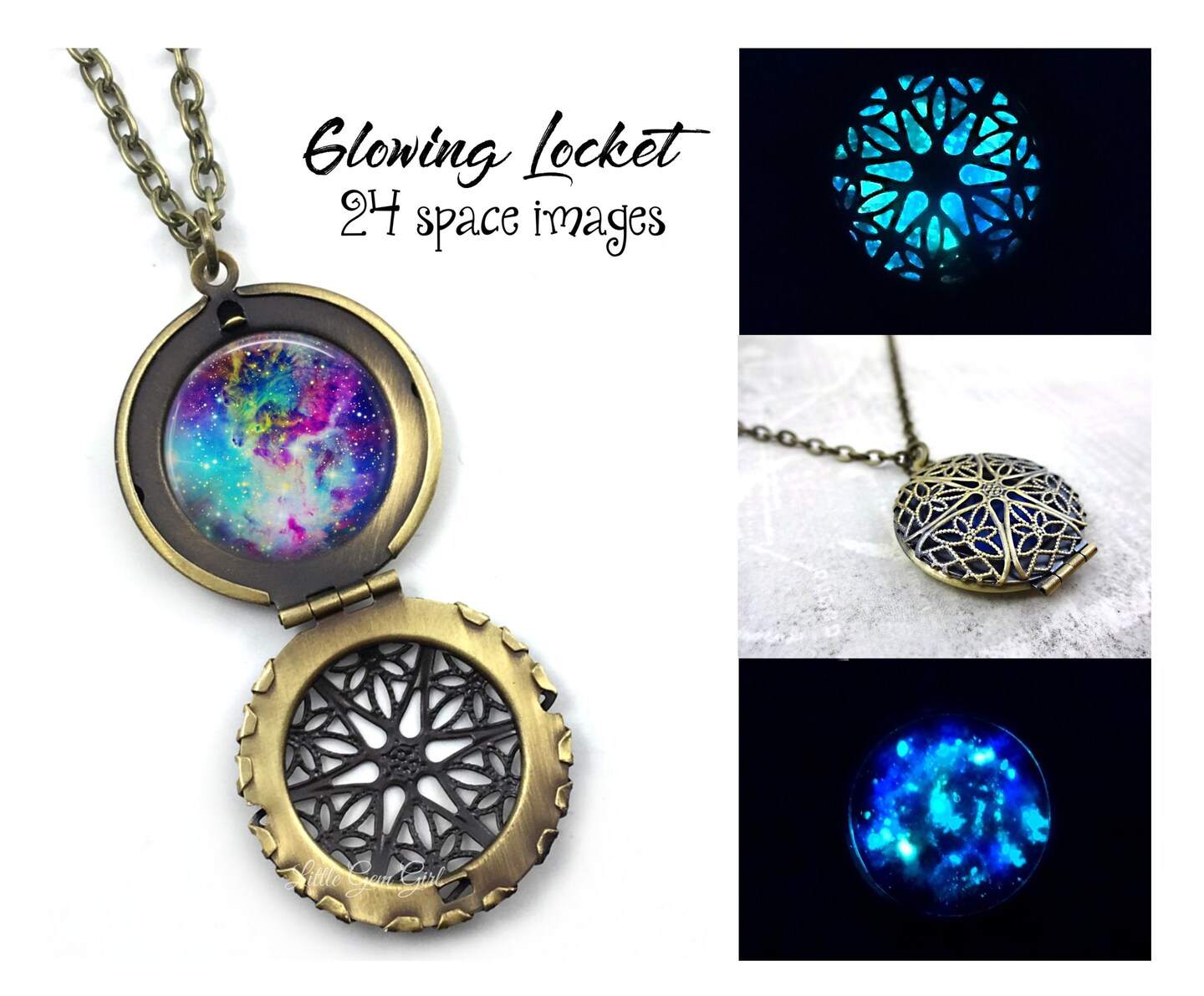 Custom Glow in the Dark Galaxy Cage Locket, 24 Images, 6 Metal 