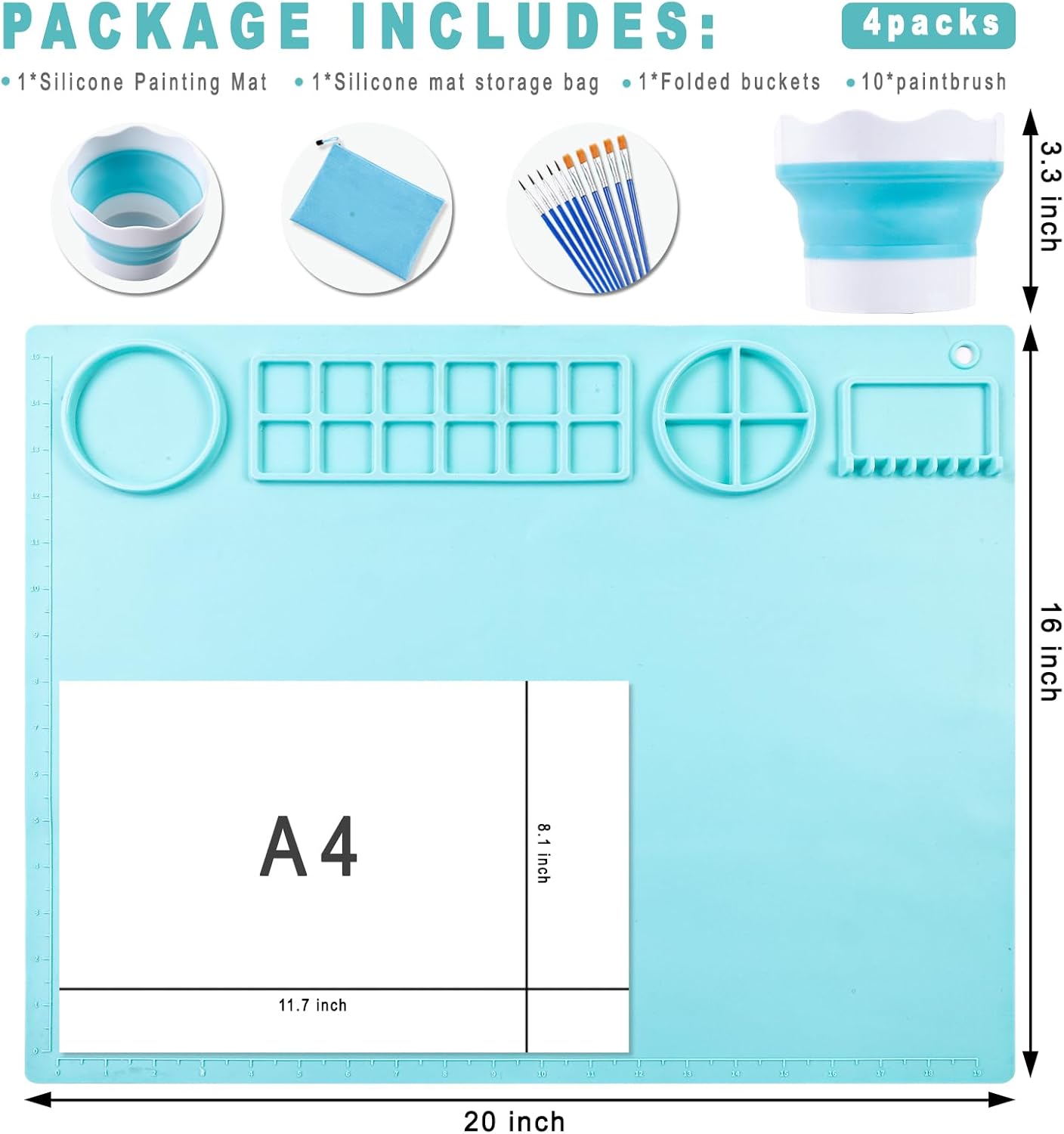 Silicone Craft Mat 20X16 Inch Large Silicone Art mat with Detachable Cup Painting Mat with 10 Painting Brushes Silicone Drawing Mat Sheets for Kids Adult DIY Accessories (Blue)