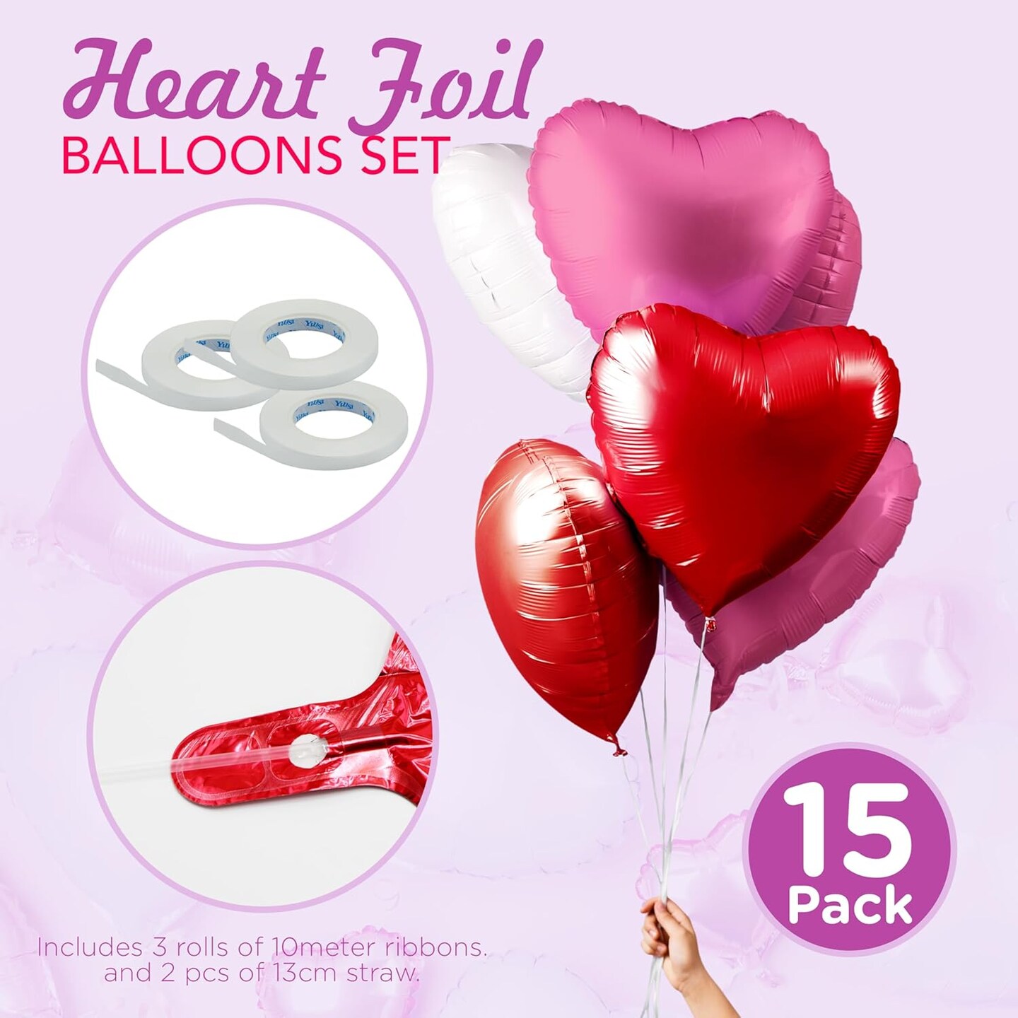 4E&#x27;s Novelty 15 Pack 18 Inch Heart Foil Balloons - White, Red and Pink Balloons