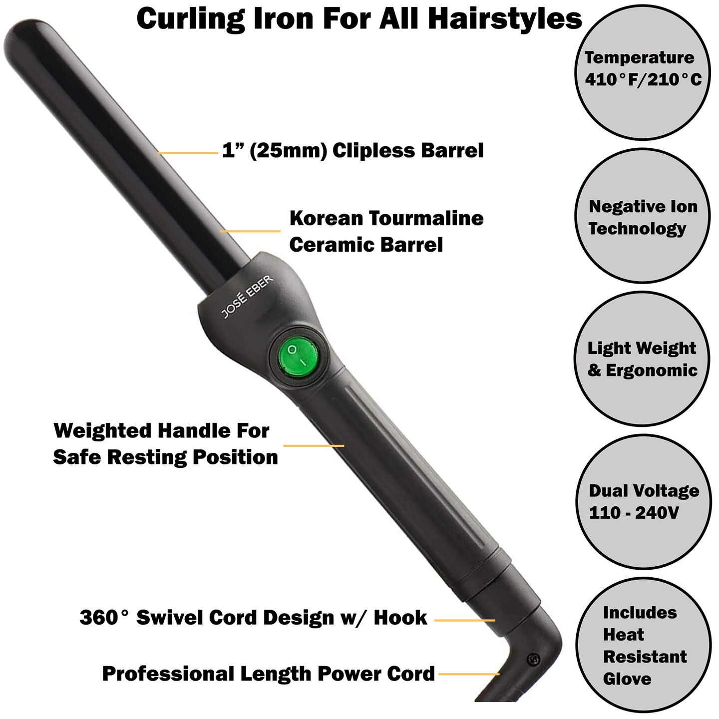 Jose Eber: Clipless Curling Iron 1&#x22; (25mm) - Black - Professional Tourmaline Ceramic Barrel, Wand Styling Tool, Ion Technology, Heat Resistant Glove