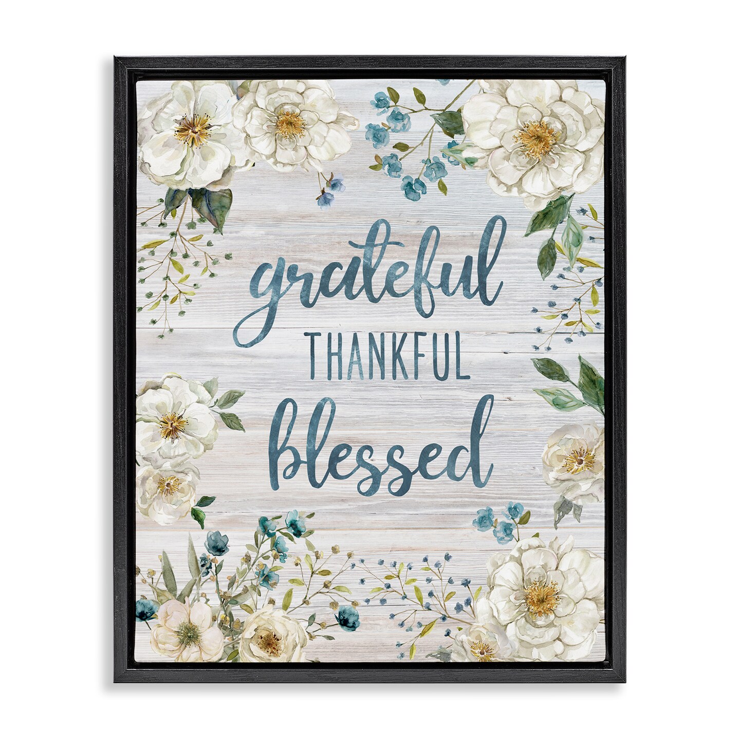 Stupell Industries Floral Gratitude Phrases Framed Floater Canvas Wall Art Design by Carol Robinson