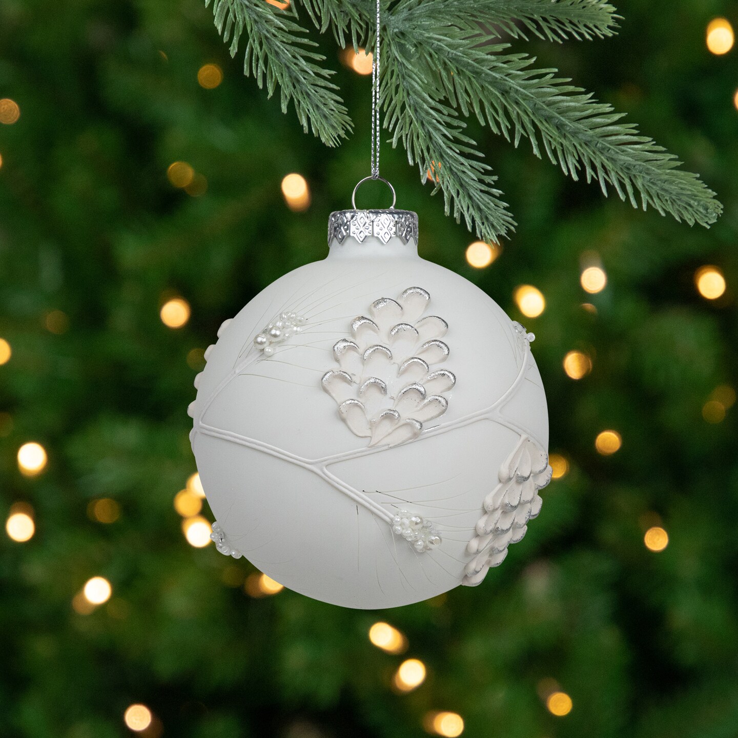 Northlight White and Silver Leaves Glass Ball Christmas Ornament - 3.5"