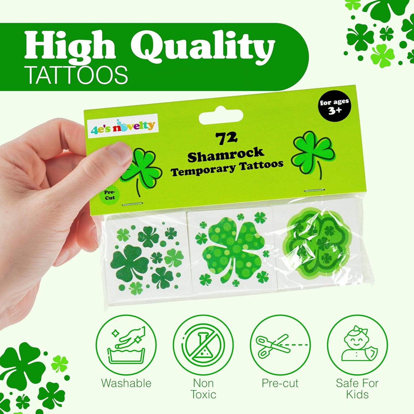 4E's Novelty 72 Pack Shamrock Tattoos Pre-Cut St. Patrick's Day Party Favors for Kids Bulk Gifts Accessories